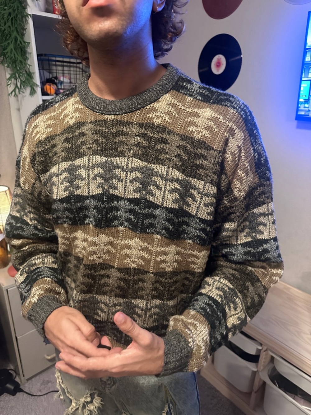 David Taylor Vintage Style Knit Crewneck Sweater XL Earth Tone Cozy 90s